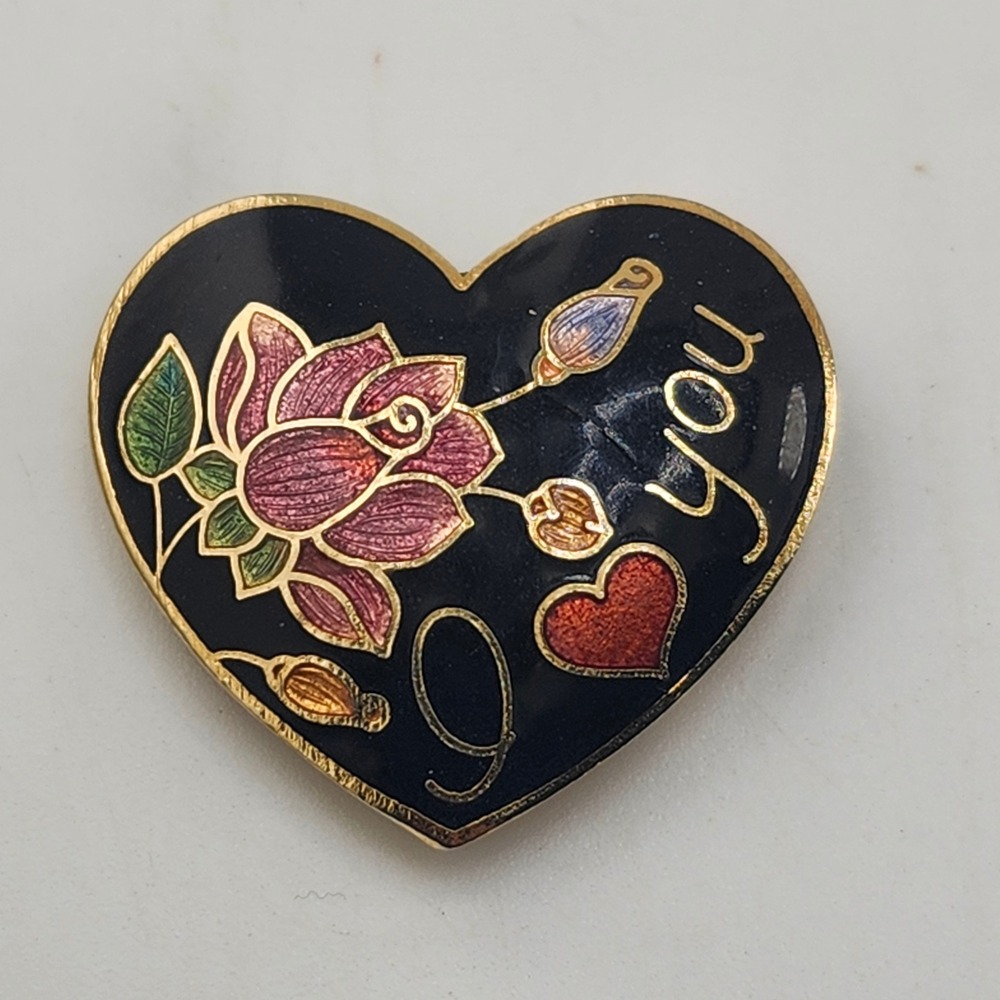 Heart Enamel Pin Brooch I Love You Rose Flower Gold Tone Valentine‎ Gift